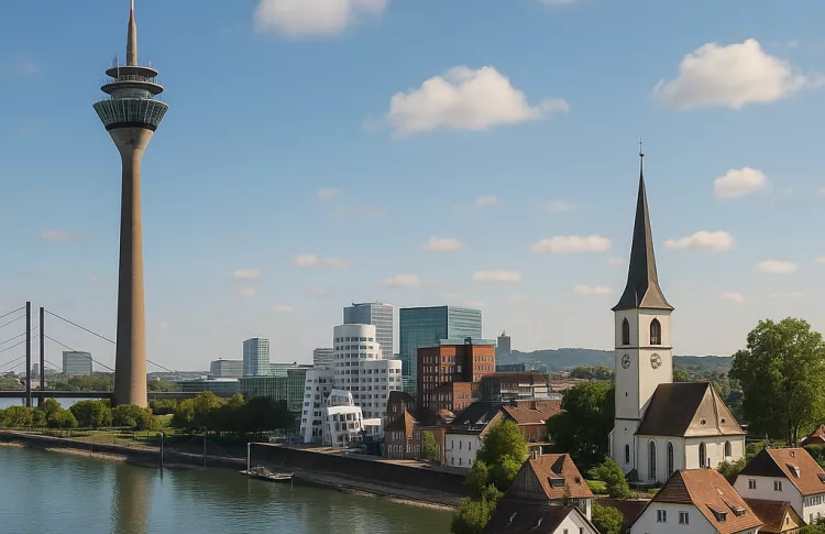 Eine mit generativer Intelligenz erstellte Kombination aus Vogt und Düsseldorf. Es zeigt die Kirche St.Anna aus Vogt und den Düsseldorfer Fernsehturm.